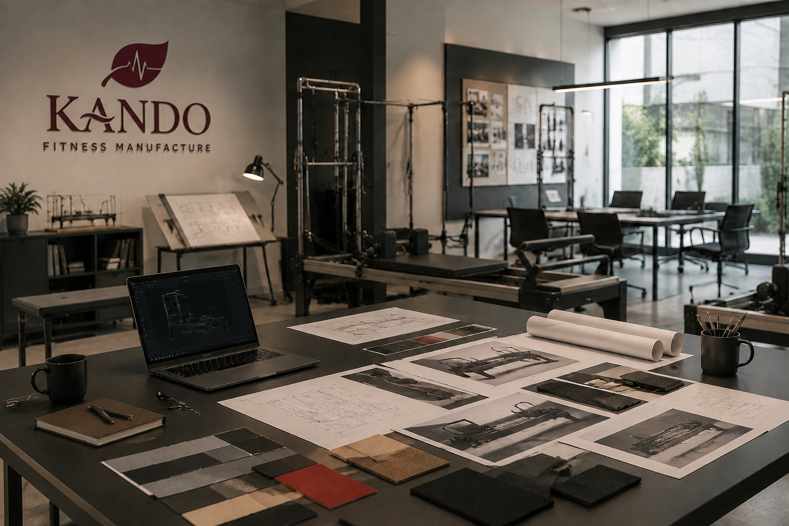 KANDO product studio with Pilates equipment and material development work